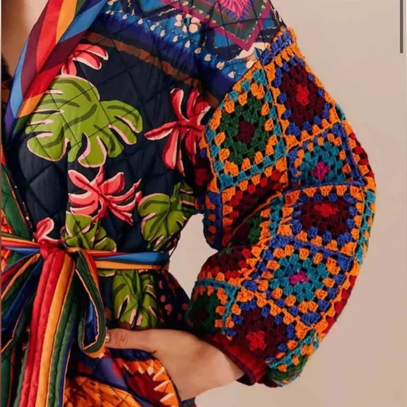 FARM RIO Patchwork Tapestry Crochet Puffer Jacket size Large new w tags, belted